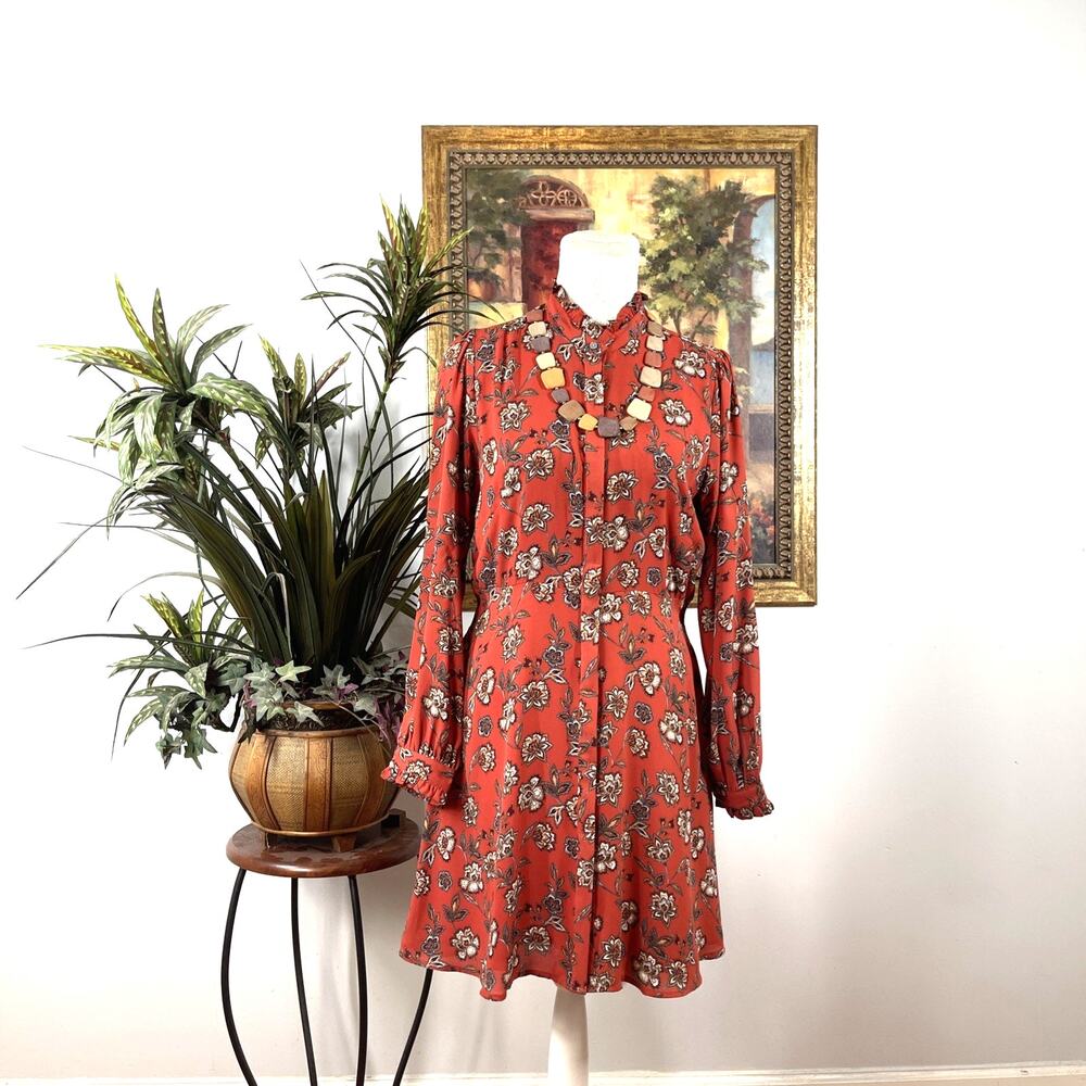 LOFT Floral‎ Shirt Dress Size 4 Orange Long Sleeve Button Front Boho Mini Dress
